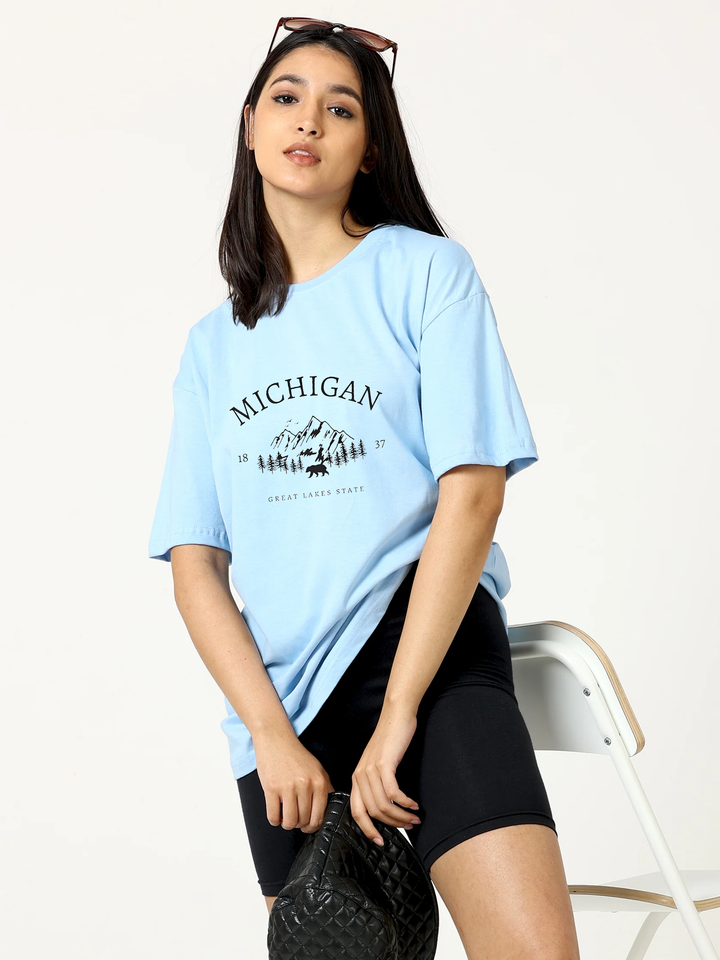 Female MICHIGAN Printed White Oversized T-shirt