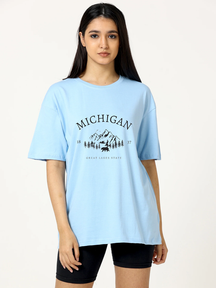 Female MICHIGAN Printed White Oversized T-shirt