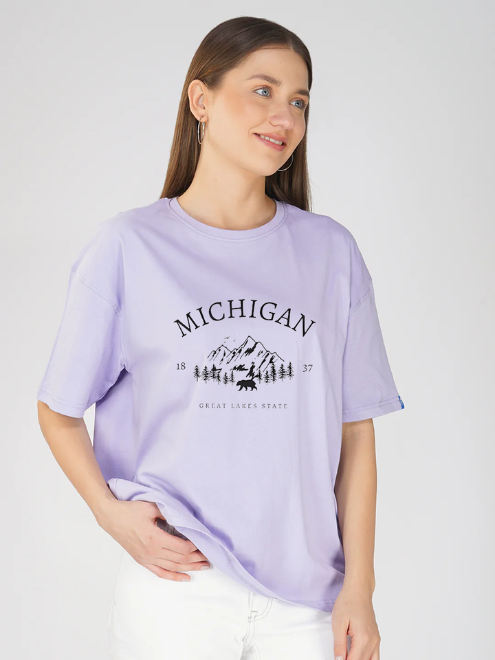 Female MICHIGAN Printed White Oversized T-shirt