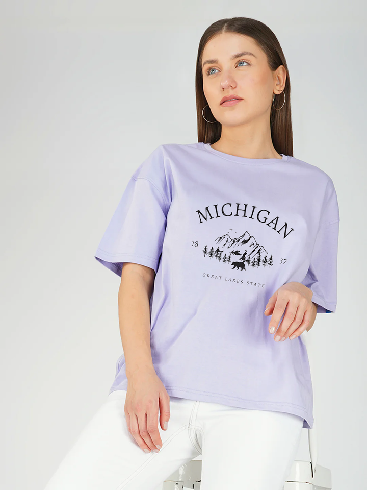 Female MICHIGAN Printed White Oversized T-shirt